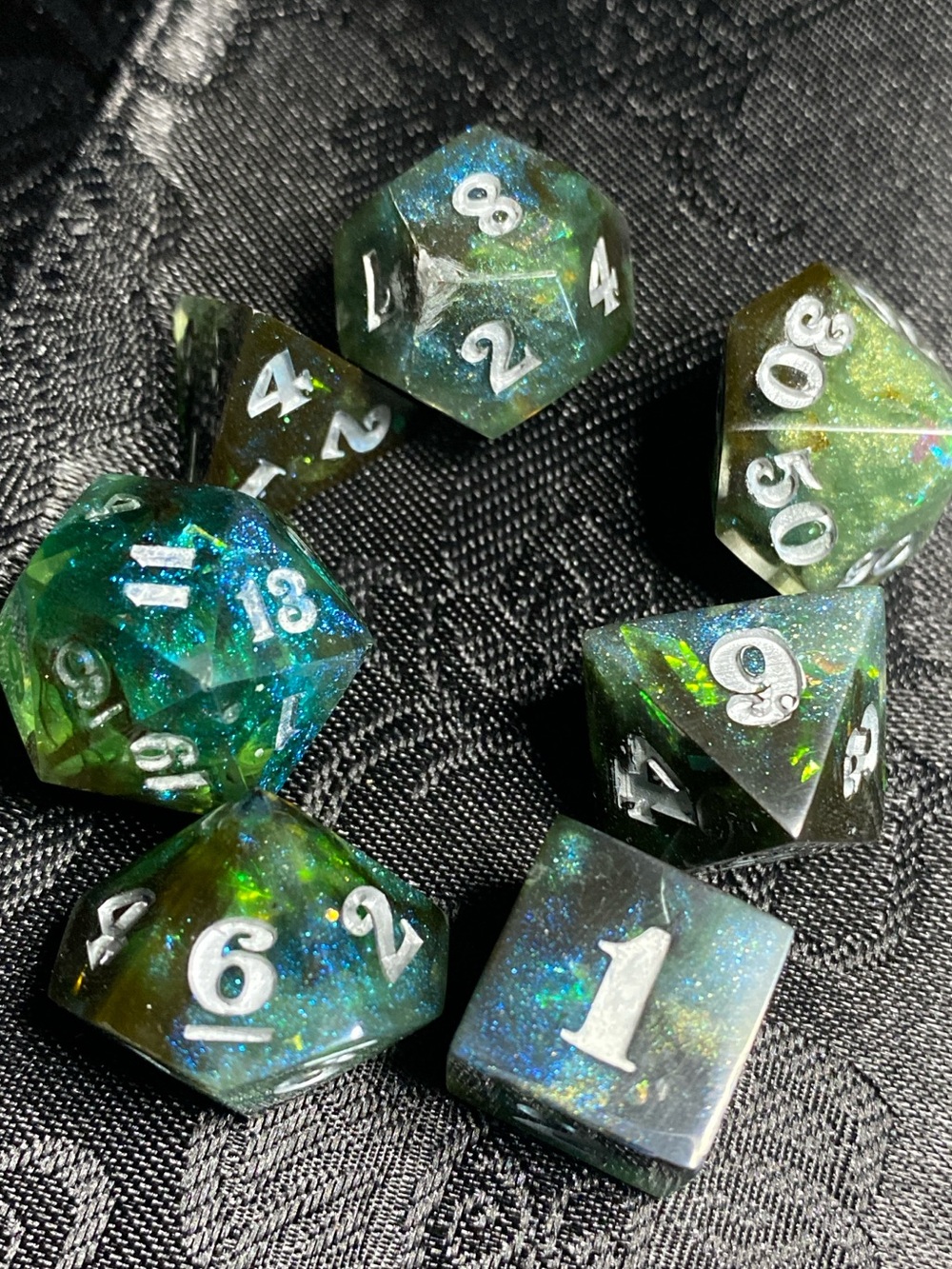 Resin RPG Dice Set in Green and Blue with Silver Numbers